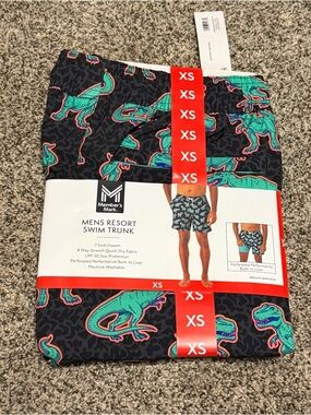 NWT Men's Black & Teal Dino Print Swim Trunk - XS MEMBERS MARK
